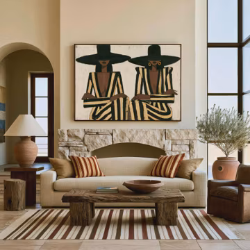 Contemporary Figurative Oil Painting Stylized Two Black Women Portrait Striped Outfit & Wide Hat Wall Artwork for Living Room