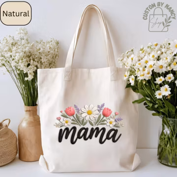 Mama Embroidered Tote Bag, Floral Canvas Tote, Cute Mom Gift, Mothers Day Gift, Aesthetic Reusable Tote Bag, Everyday Bag
