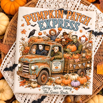 Pumpkin Patch Express PNG, Vintage Pumpkin Truck Shirt Design, Horror Movie Characters, Fall Halloween Graphic, Retro Halloween PNG