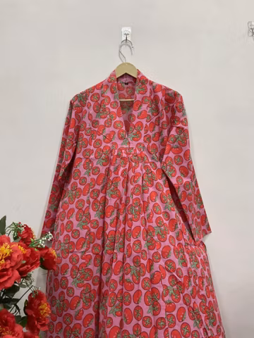 Tomato Print Cotton Midi Dress | Block Print Ethical Bohemian Fashion