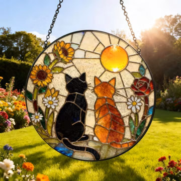 Custom Charming Black Orange Cat Couple Garden Suncatcher Tabby Cat Stained Glass Window Hanging Glass Mom/Grandma Gift For Her/Friends