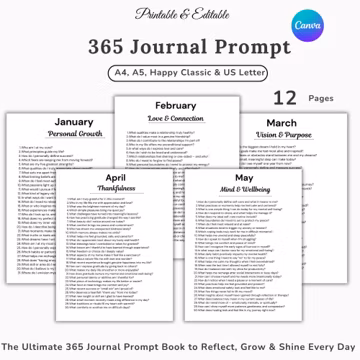 365 Journaling Prompts, Self Love Journal PDF, Reflection And Wellness Prompts, New Year Resolution, Mental Health Guided Journal, Printable