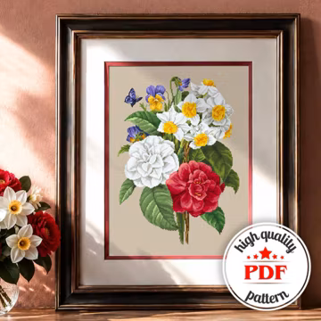 Vintage Floral Cross Stitch Pattern PDF, Сamellia Flowers Embroidery Design, Instant Download