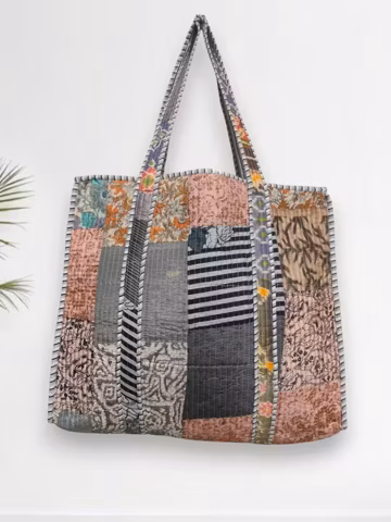 Handmade Patchwork Quilted Tote Bag, Indian Block Print Cotton Travel Bag