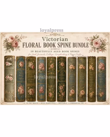 Victorian Floral Book Spine Bundle PNG, Vintage Antique Book Spines
