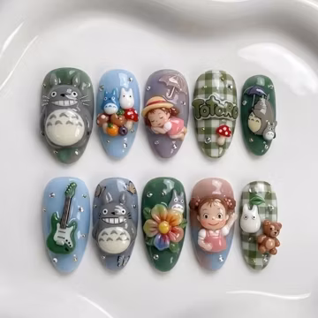 Handmade Totoro Press On Nails | 3D Sculpted Totoro, Mei and Guitar | Plaid and Cute Character Design | Luxury Handmade Press On Nails