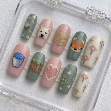 Minecraft Cottagecore Press On Nails | Pixel Art Fox & Polar Bear
