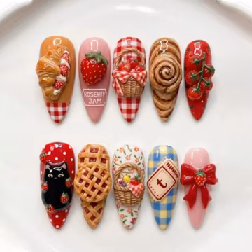 Handmade Strawberry Jam and Picnic Press On Nails | 3D Sculpted Black Cat, Picnic Basket and Croissant | Red Plaid and Sweets Design