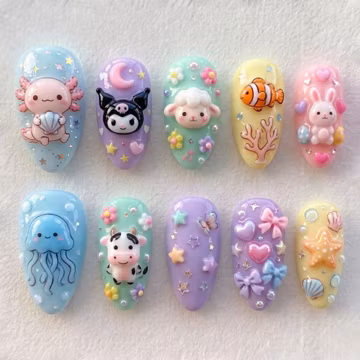 Handmade Pastel Ocean and Sanrio Character Press On Nails | 3D Sculpted Axolotl, Kuromi, Sheep and Sea Animals