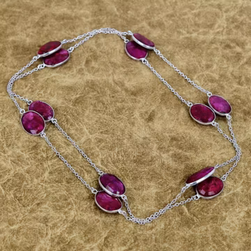 Handmade Red Kashmiri Ruby Chain Necklace: 925 Sterling Silver Oval Gemstone 36 Inch Jewelry