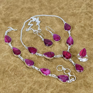 Faceted Kashmiri Ruby Jewelry Set: Handmade 925 Sterling Silver Pear Necklace, Bracelet, Ring, Earrings