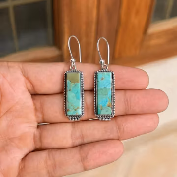 Handmade Mohave Turquoise Boho Drop Earrings, Sterling Silver Oxidized Earrings, Rectangle Statement Earrings, Christmas Gift For Women's,