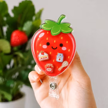 Strawberry Shaker Badge Reel, Cute Kawaii Nurse ID Holder, Acrylic Retractable Badge Clip, Gift for Nurses and Healthcare Workers