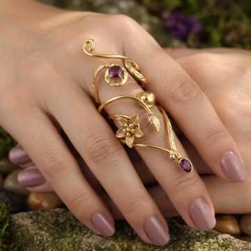 Gold Floral Vine Ring, Elvish Garnet Ring for Women, Whimsical Leaf Jewelry, Art Nouveau Filigree Ring, Nature Inspired Branch Ring