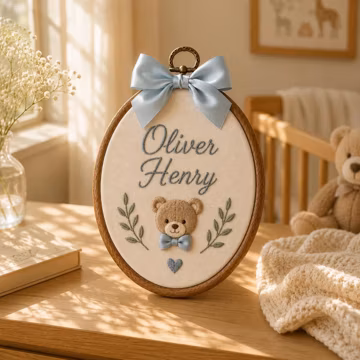 Personalized Baby Name Embroidery Hoop, Custom Bear Nursery Wall Decor, Newborn Birth Announcement Sign, Baby Shower Gift for Boy