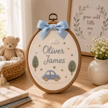 Personalized Baby Name Embroidery Hoop, Custom Boy Nursery Wall Decor, Blue Car Nursery Sign, Baby Shower Gift, Birth Announcement