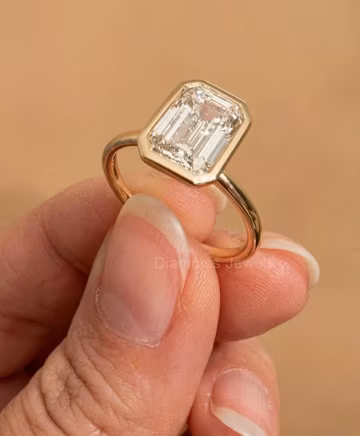 2ct Emerald Cut Moissanite Ring, Full Bezel Solitaire, Minimalist 10K Gold Proposal Ring, Anniversary Ring
