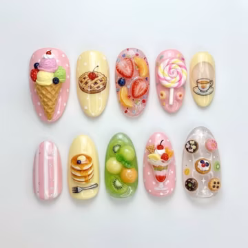 Pastel Pink Yellow Dessert Press On Nails / 3D Ice Cream Fruit Candy Charms / Handmade Cute Kawaii Nails / Long Almond / Sweet Gift