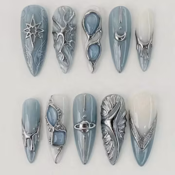 Futuristic Metallic Press On Nails / Chrome Abstract Sculpture Design / Blue Silver Cyber Nails / Avant Garde Fake Nails