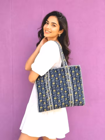 Quilted Cotton Floral Tote Bag, Blue Yellow Block Print Shoulder Bag