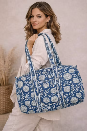 Handmade Quilted Duffel Bag: Blue Floral Block Print, Cotton Travel Bag