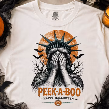 Halloween comfort colors t shirt, peek-a-boo statue liberty NYC tee, Fall Graphic Tee.