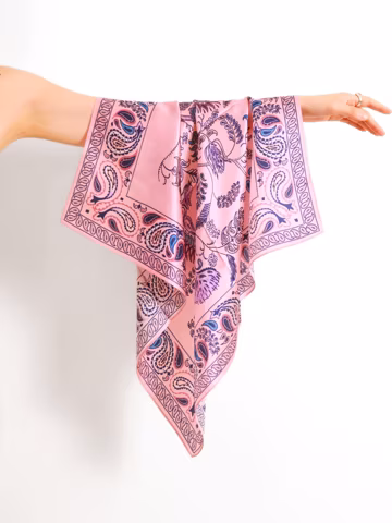 100% Pure Mulberry Silk Scarf, Pink Paisley Floral Bird silk square neckerchief, 65*65cm 26" Women Vintage Kerchief, Pure Silk Bandana