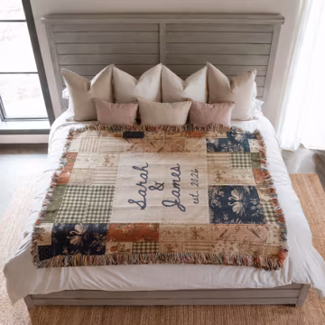 Personalized Floral Patchwork Woven Blanket, Custom Couple Names Date Throw, Vintage Botanical Wedding Gift,Cotton Anniversary Keepsake