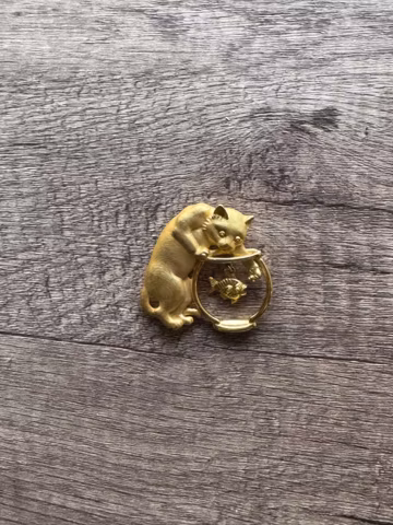 Vintage JJ Cat in Goldfish Bowl Brooch Costume Jewelry 1980s
