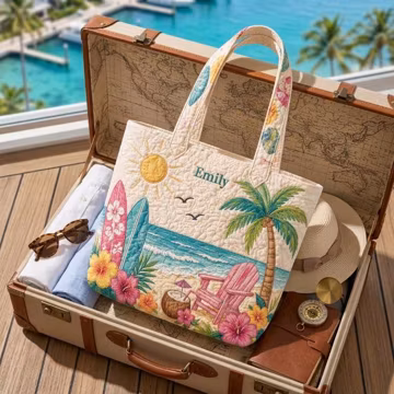 GIFT 2026 Personalized Tropical Beach Quilted Tote Bag, Custom Summer Vacation Shoulder Bag, Coastal Gift for Women Mom Friend