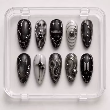 BTS Arirang Press On Nails | 2026 Comeback Dark Cyber Black Art | 3D Liquid Chrome Armor Nails | Gothic Y2K Black Silver K-pop Fake Nails