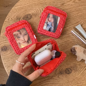 Vintage-Style Red Polka-Dot Storage Pouch — Photocard Display, Coin Purse & Earphone/Cosmetic Bag (K-pop Photocard Compatible)