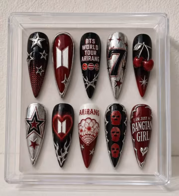 BTS ARIRANG World Tour Press On Nails | Bangtan Girl Concert Nails | Red Black Chrome Nails | Handmade Gel Nails | ARMY Fan Gift |Kpop Nails