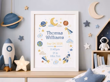 Space Birth Announcement Cross Stitch Pattern | PDF Digital Download | Personalized Baby Nursery Sampler