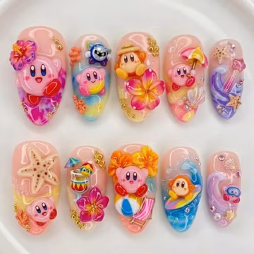 Kirby Summer Vacation Press On Nails | 3D Hand-Painted Character & Tropical Elements | Kawaii Pastel Aesthetic Quality | Almond Style Gift