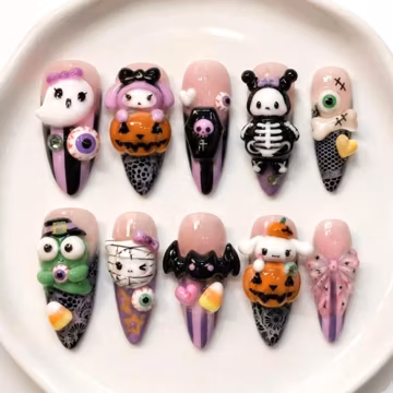 Handmade Cute Spooky Kawaii Press On Nails, 3D Halloween Character Nails, Pink Purple Gothic Nail Art, Reusable Fake Nails