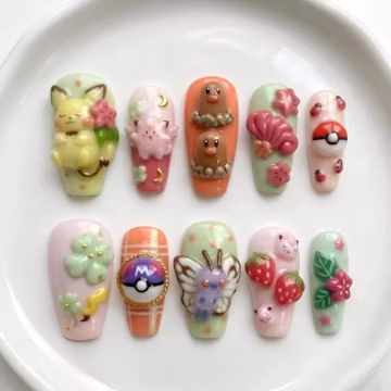 Handmade Anime Gamer Press On Nails | 3D Monsters & Pokéball Elements | Kawaii Pastel Aesthetic Premium Quality | Coffin Style Reusable