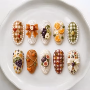 Handmade Fruit Harvest Cottagecore Press On Nails, 3D Pear Grape Fig Apple Orange Bow Fake Nails, Autumn Luxury Set