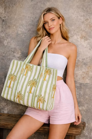Quilted Cotton Tote Bag, Block Print Palm Tree, Green Stripe Shopper, Reusable Market Bag