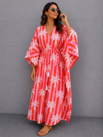 Handmade Pink Palm Tree Cotton Kaftan Dress, Tropical Beach Cover Up, Boho Resort Maxi