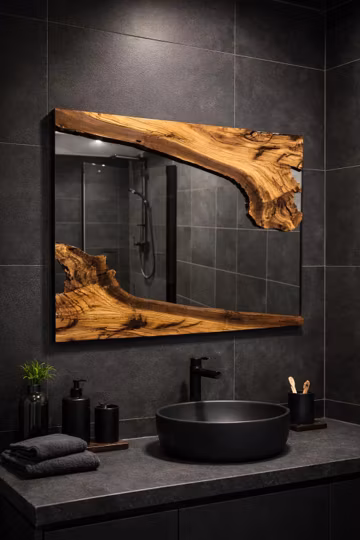 Wood Handmade Mirror, Olive Wood Mirror, Live Edge Olive Wood Wall Mirror – Bathroom Mirror, Entrance Hall Mirror