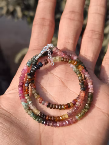 Natural Tourmaline Beaded Necklace | 4mm Faceted Rondelle | Multi Tourmaline Necklace | Dainty Gemstone Jewelry | Handmade Gift for Her