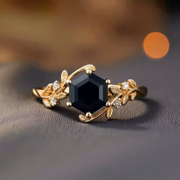 Hexagon Black Onyx Ring, Unique Vine Leaf Yellow Gold Engagement Ring