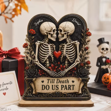 Personalized Till Death Do Us Part Wooden Plaque, Custom Skeleton Couple Heart Sign, Gothic Anniversary Gift, Spooky Wedding Decor
