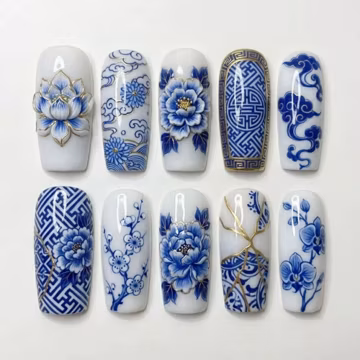 Handmade Blue Porcelain Press On Nails | Luxury Chinese Floral Ceramic Art | Elegant Chinoiserie Custom Nails Set