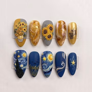Handmade Sunflower Press On Nails | Starry Night Inspired Art | Painterly Floral Custom Nails