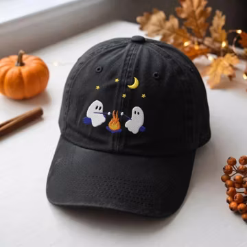 Embroidered Ghost Hat, Spooky Campfire Baseball Cap, Cute Halloween Embroidered Hat, Ghost Camping Under The Stars, Fall Season Accessory