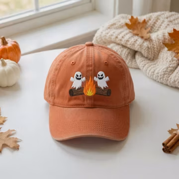 Embroidered Ghost Hat, Spooky Camping Baseball Cap, Cute Halloween Embroidered Hat, Ghost Campfire Autumn Accessory, Fall Festival Hat