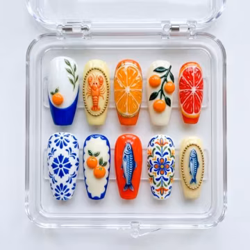 Mediterranean Summer Press On Nails, Sardine Fish Orange Shrimp Nails, Coastal Italian Summer Nail Set, 3D Glossy Fruit Seafood Nails