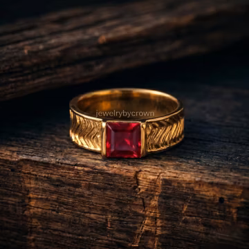18k Gold Filled Signet Ring, Red Ruby Wedding Band Jewelry For Him